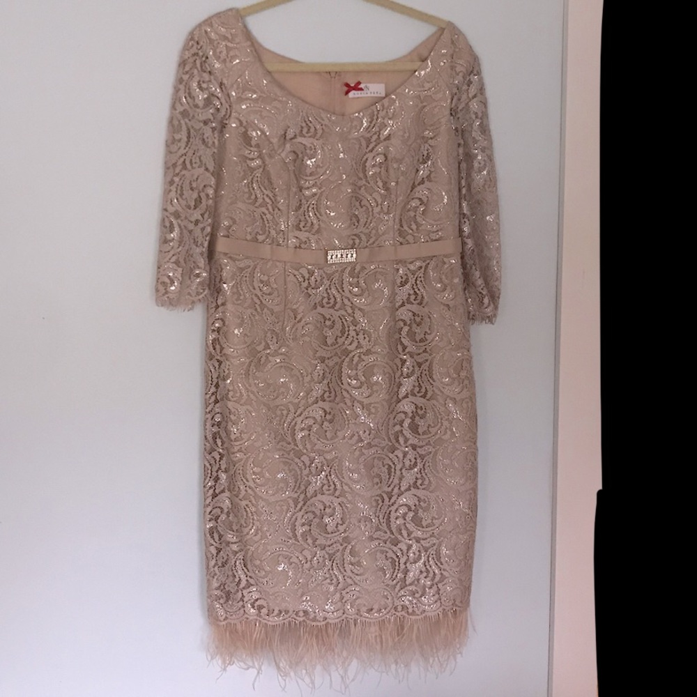 Champagne Sonia Peña cocktail dress with feather hem